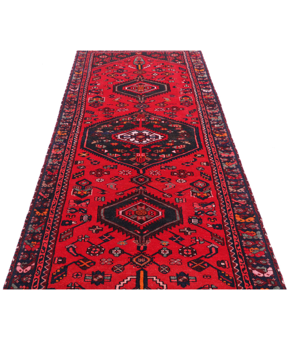 Hand Knotted Persian Hamadan Wool Rug - 3'7'' x 9'10'' 3'7'' x 9'10'' (108 X 295) / Red / Black