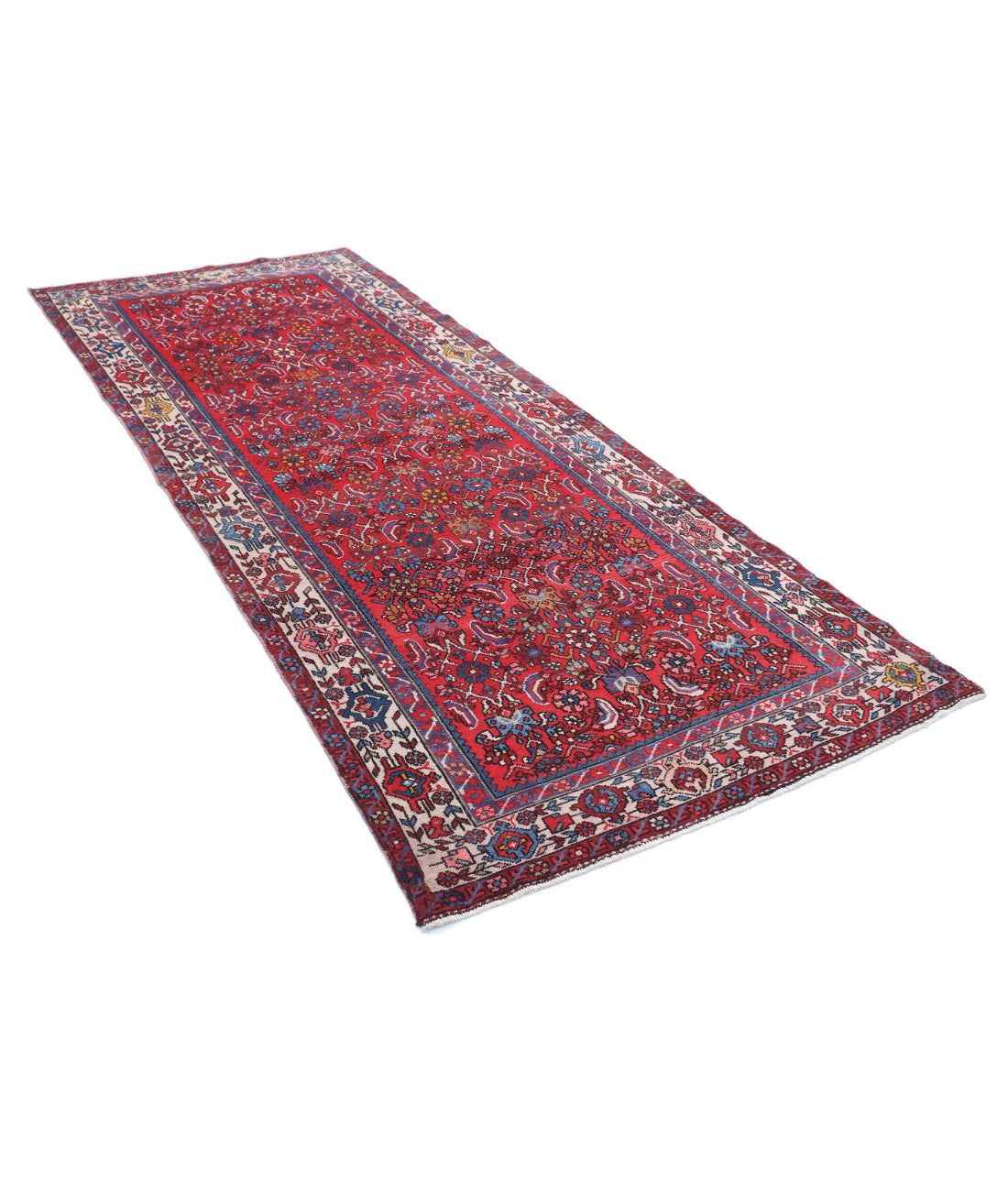 Hand Knotted Persian Hamadan Wool Rug - 4'0'' x 9'8'' 4'0'' x 9'8'' (120 X 290) / Red / Ivory