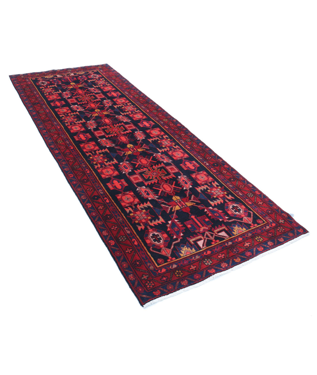 Hand Knotted Persian Hamadan Wool Rug - 3'8'' x 10'0'' 3'8'' x 10'0'' (110 X 300) / Black / Red