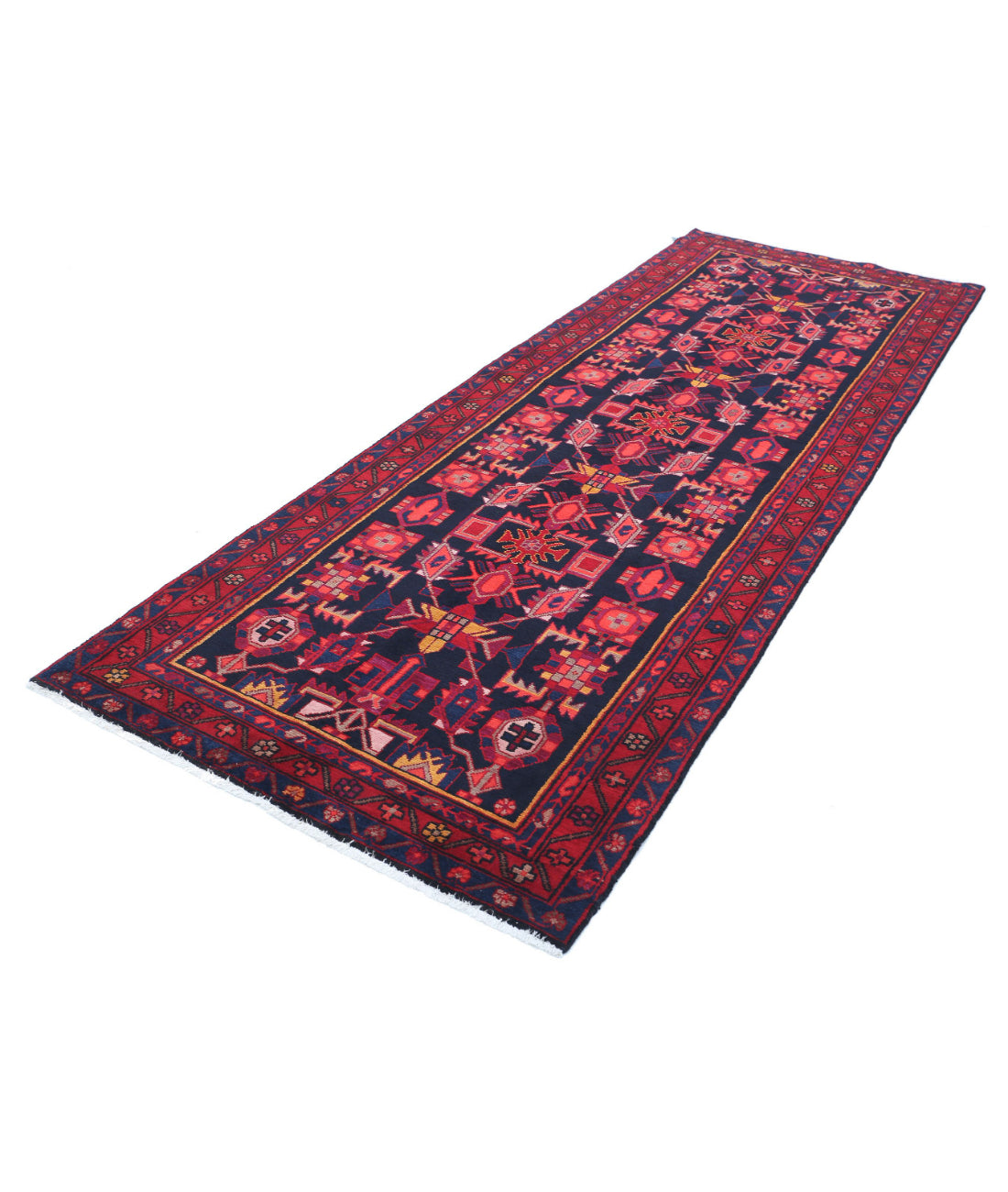 Hand Knotted Persian Hamadan Wool Rug - 3'8'' x 10'0'' 3'8'' x 10'0'' (110 X 300) / Black / Red