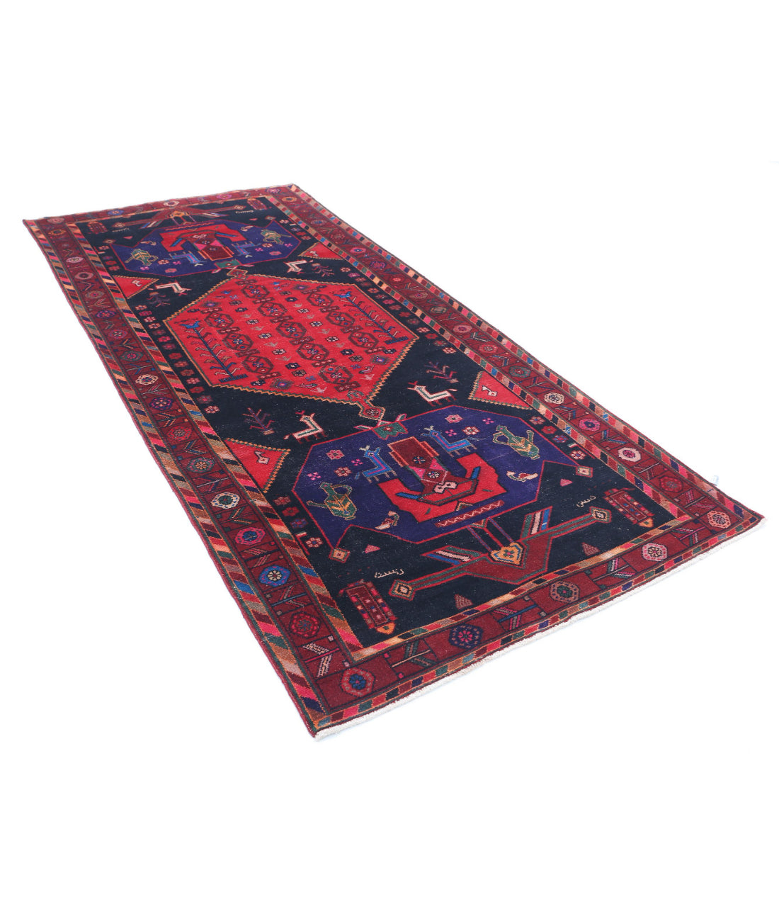 Hand Knotted Persian Hamadan Wool Rug - 4'6'' x 9'8'' 4'6'' x 9'8'' (135 X 290) / Black / Burgundy