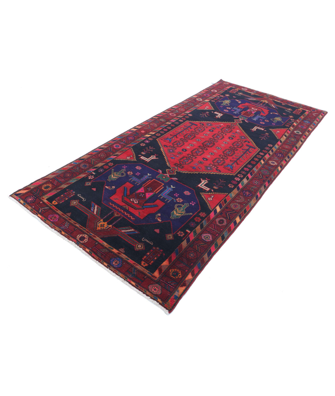 Hand Knotted Persian Hamadan Wool Rug - 4'6'' x 9'8'' 4'6'' x 9'8'' (135 X 290) / Black / Burgundy