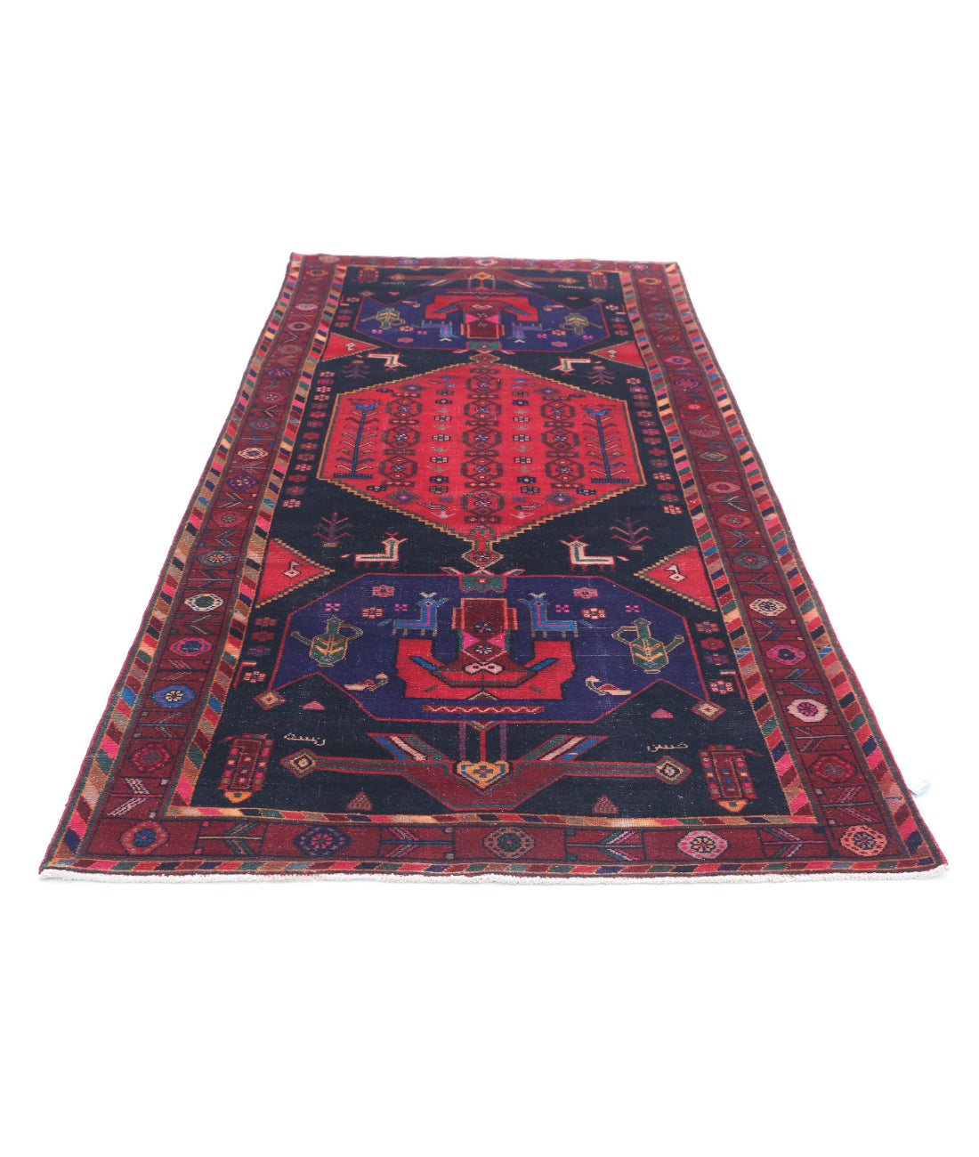 Hand Knotted Persian Hamadan Wool Rug - 4'6'' x 9'8'' 4'6'' x 9'8'' (135 X 290) / Black / Burgundy