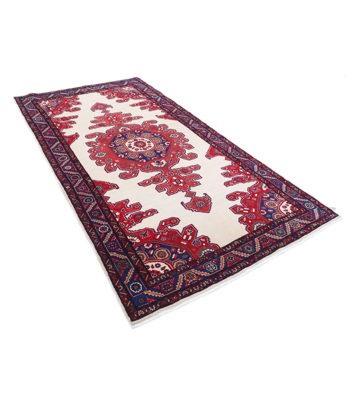 Hand Knotted Persian Hamadan Wool Rug - 4'9'' x 8'11'' 4'9'' x 8'11'' (143 X 268) / Ivory / Blue