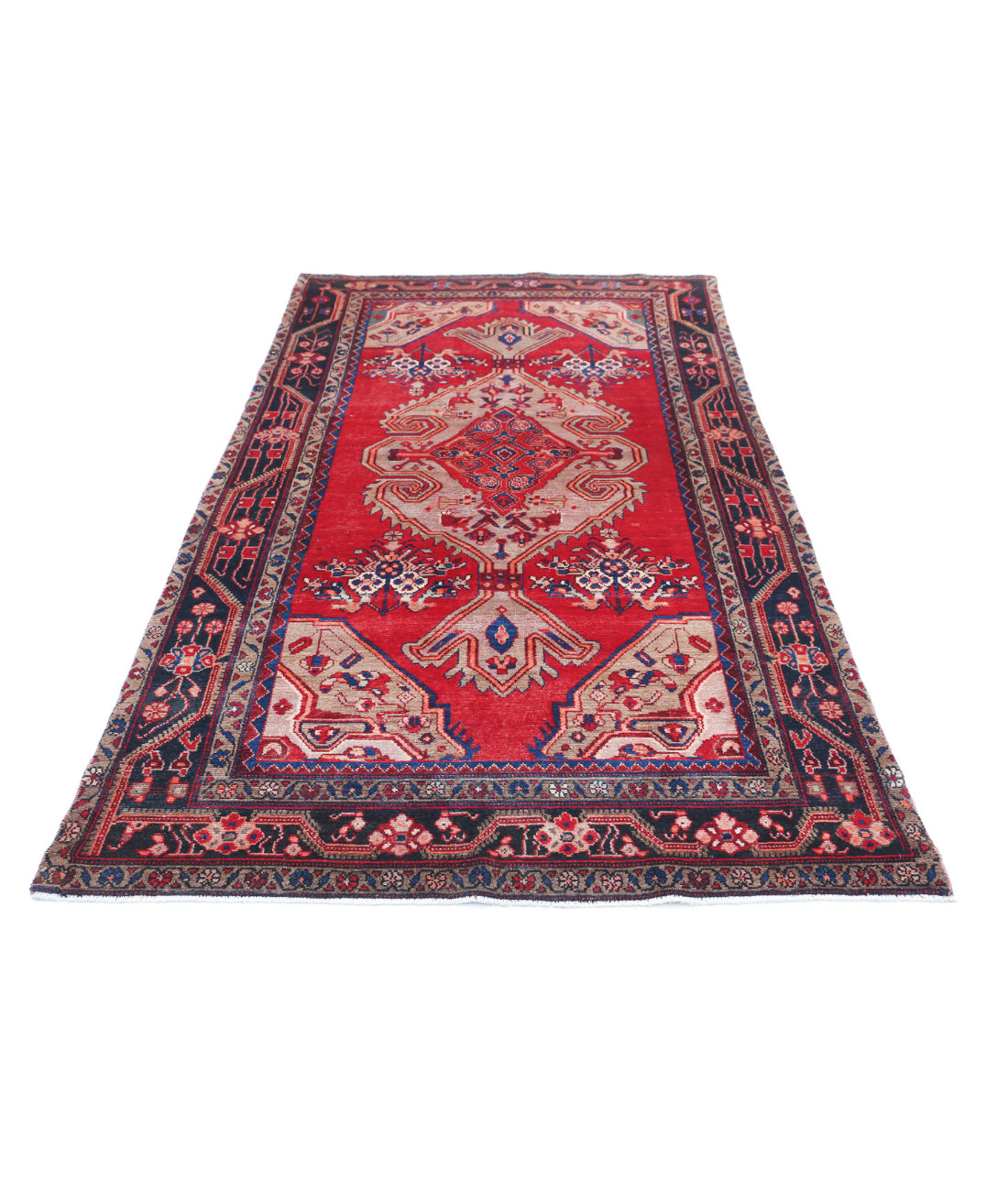 Hand Knotted Persian Hamadan Wool Rug - 4'7'' x 8'9'' 4'7'' x 8'9'' (138 X 263) / Red / Blue