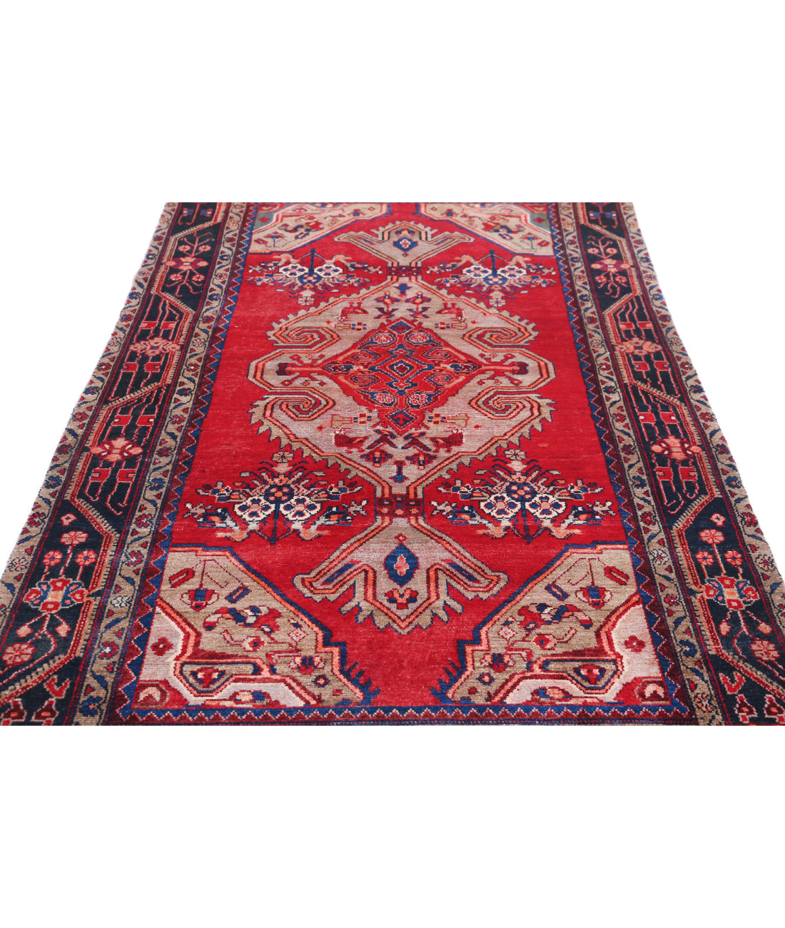 Hand Knotted Persian Hamadan Wool Rug - 4'7'' x 8'9'' 4'7'' x 8'9'' (138 X 263) / Red / Blue