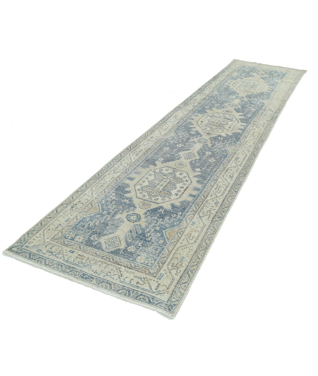 Hand Knotted Vintage Persian Hamadan Wool Rug - 3'5'' x 13'5'' 3'5'' x 13'5'' (103 X 403) / Blue / Ivory