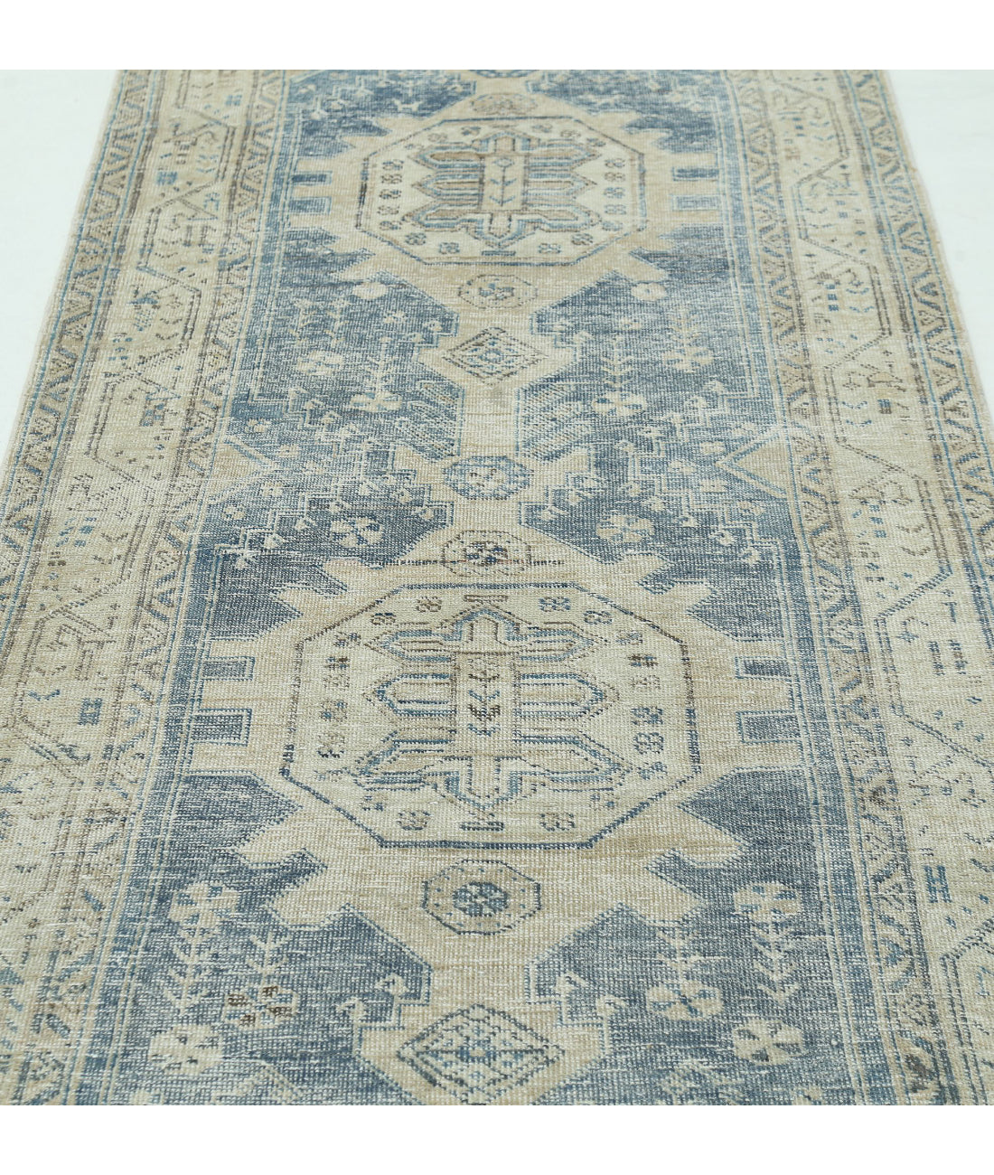 Hand Knotted Vintage Persian Hamadan Wool Rug - 3'5'' x 13'5'' 3'5'' x 13'5'' (103 X 403) / Blue / Ivory