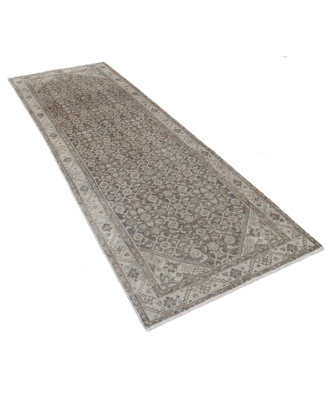 Hand Knotted Vintage Persian Hamadan Wool Rug - 3'3'' x 9'3'' 3'3'' x 9'3'' (98 X 278) / Grey / Ivory