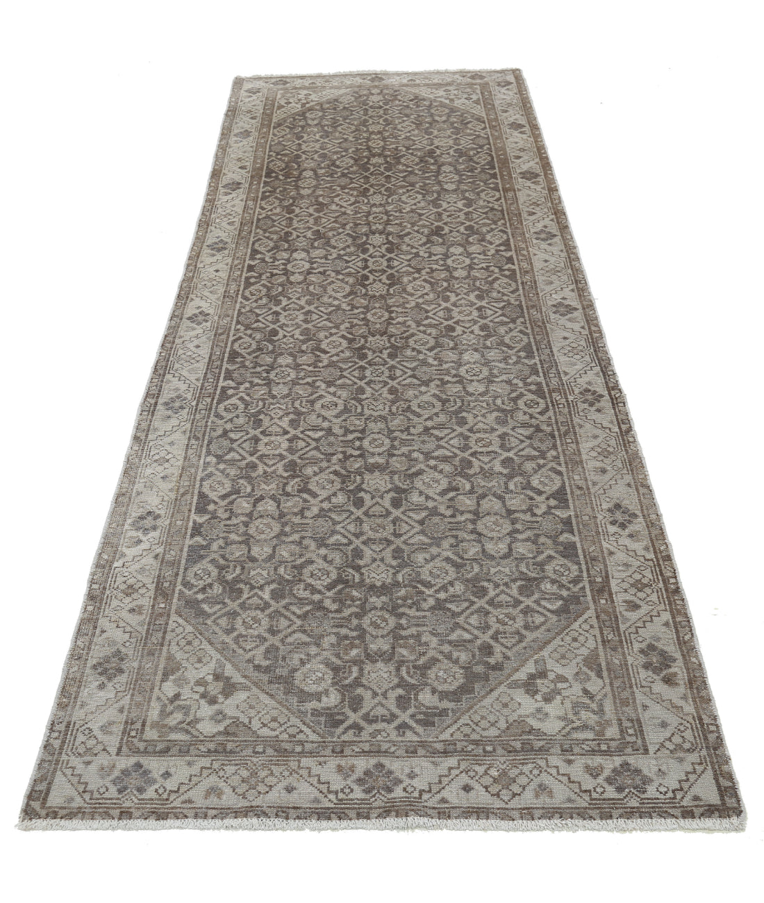 Hand Knotted Vintage Persian Hamadan Wool Rug - 3'3'' x 9'3'' 3'3'' x 9'3'' (98 X 278) / Grey / Ivory