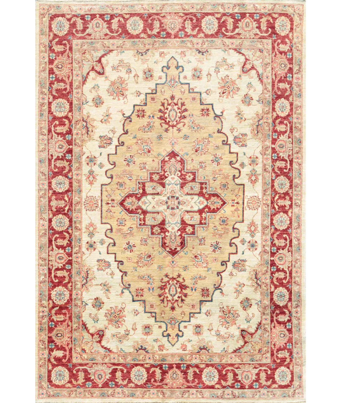 Hand Knotted Heriz Wool Rug  - 5' 9" X 7' 9" 5' 9" X 7' 9" (175 X 236) / Ivory / Red