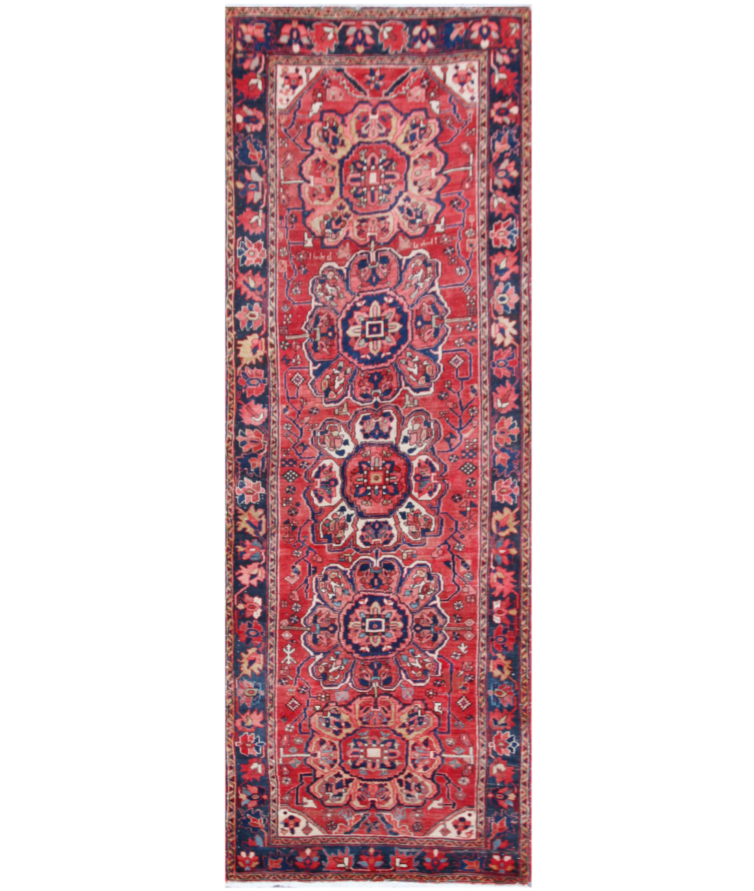 Hand Knotted Heriz Wool Rug  - 3&#39; 8&quot; X 10&#39; 1&quot; 3&#39; 8&quot; X 10&#39; 1&quot; (112 X 307) / Red / Blue