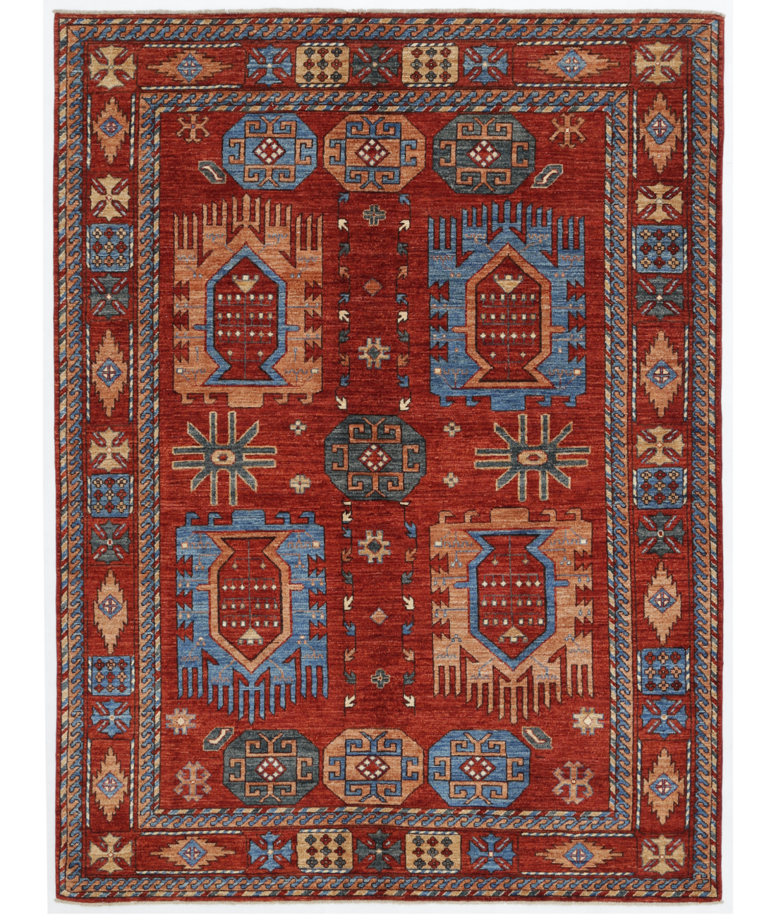 Hand Knotted Humna Wool Rug  - 6' 11" X 9' 2" 6' 11" X 9' 2" (211 X 279) / Red / Blue