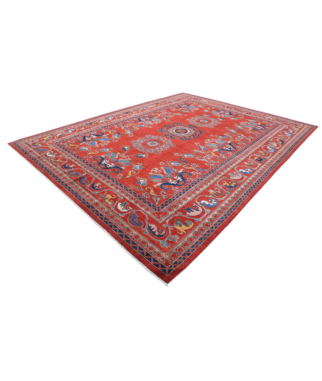 Hand Knotted Nomadic Caucasian Humna Wool Rug - 10'2'' x 13'7'' 10'2'' x 13'7'' (305 X 408) / Red / Blue