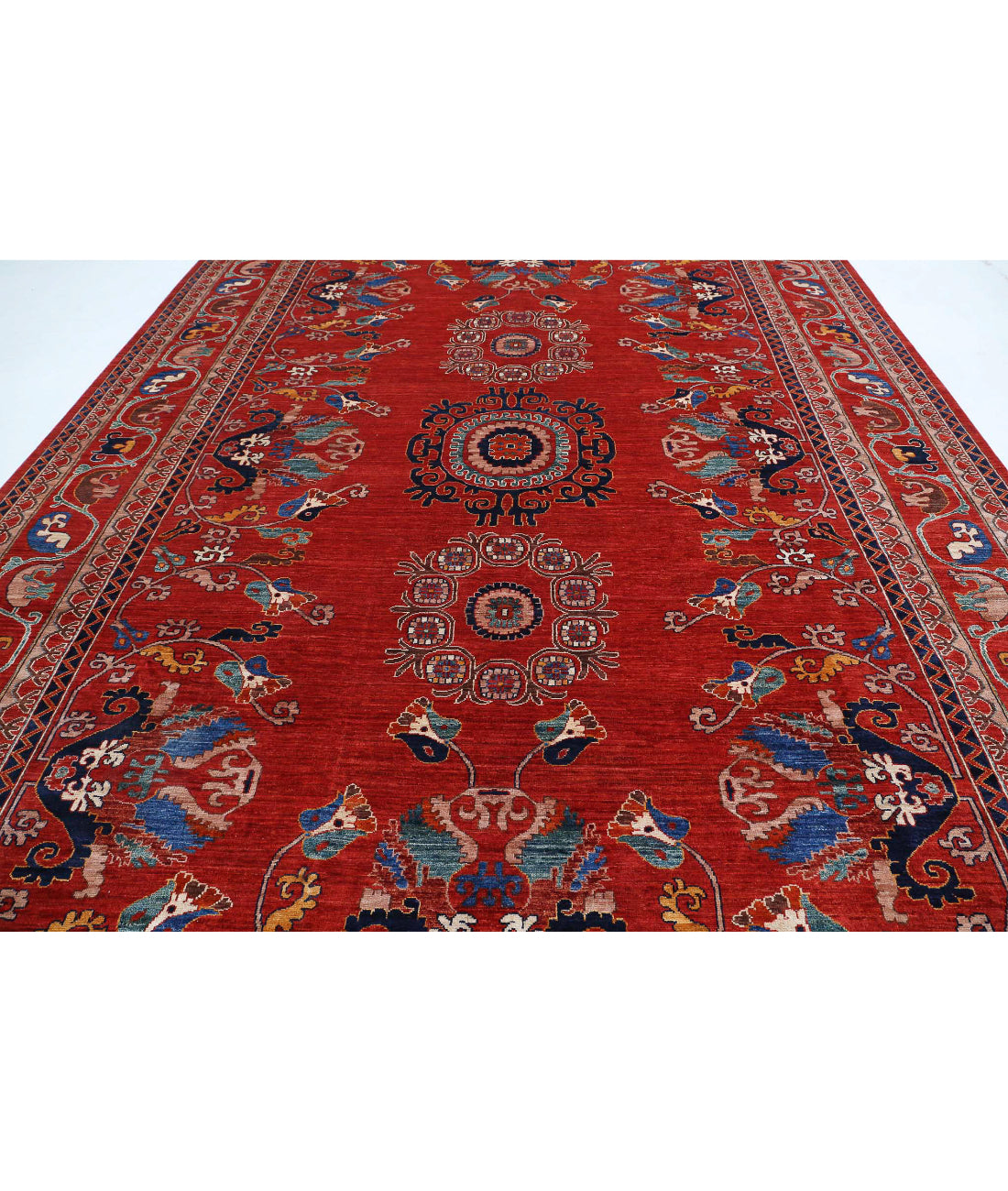 Hand Knotted Nomadic Caucasian Humna Wool Rug - 10'2'' x 13'7'' 10'2'' x 13'7'' (305 X 408) / Red / Blue