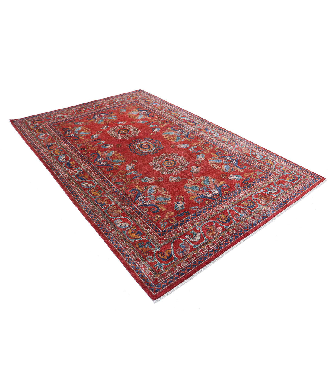 Hand Knotted Nomadic Caucasian Humna Wool Rug - 5'11'' x 8'10'' 5'11'' x 8'10'' (178 X 265) / Red / N/A