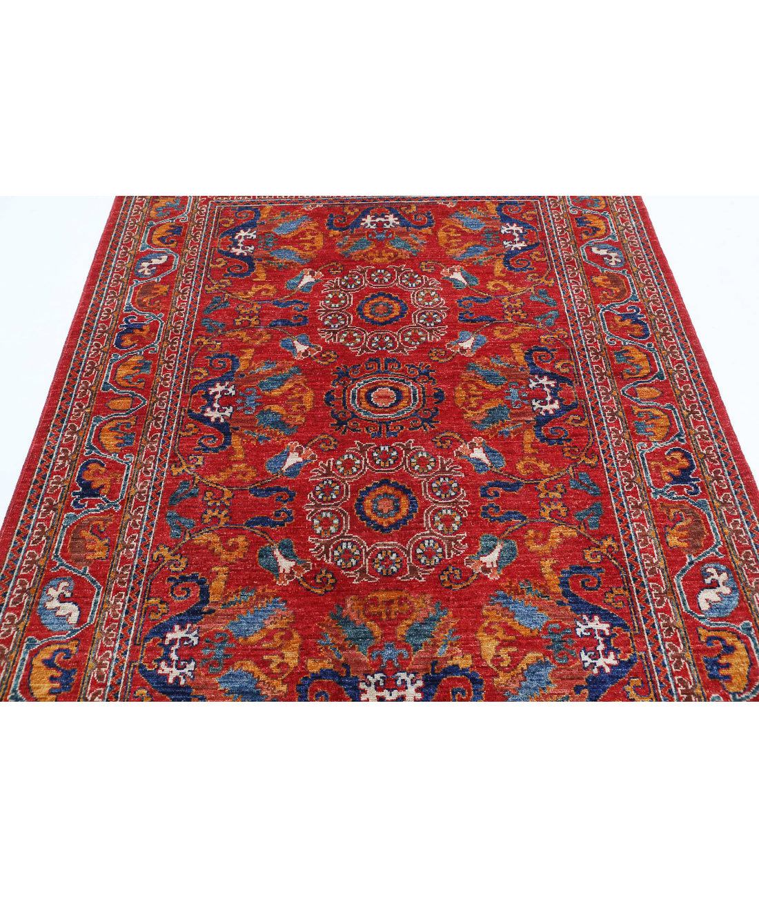 Hand Knotted Nomadic Caucasian Humna Wool Rug - 5'0'' x 7'1'' 5'0'' x 7'1'' (150 X 213) / Red / Gold