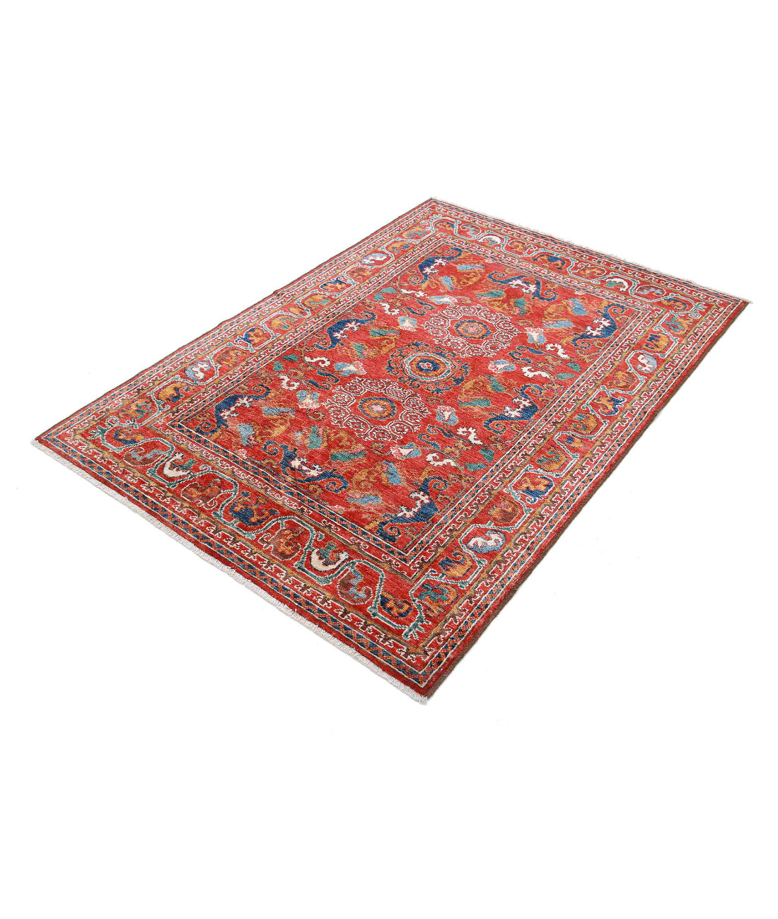 Hand Knotted Nomadic Caucasian Humna Wool Rug - 4'1'' x 5'10'' 4'1'' x 5'10'' (123 X 175) / Red / N/A