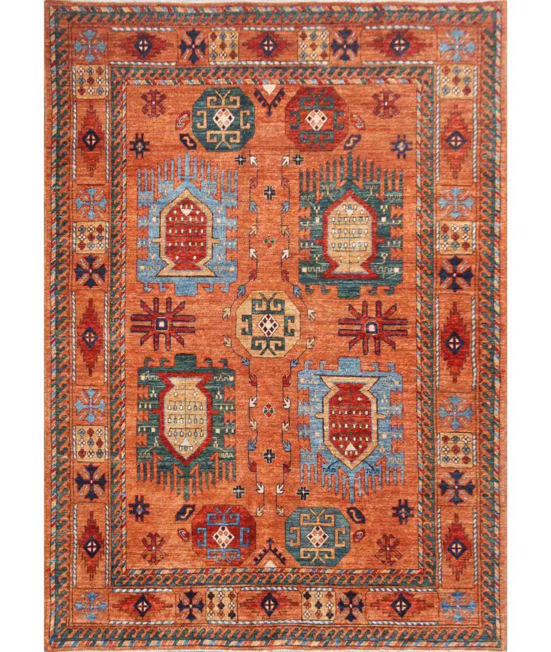 Hand Knotted Humna Wool Rug  - 6&#39; 1&quot; X 9&#39; 2&quot; 6&#39; 1&quot; X 9&#39; 2&quot; (185 X 279) / Rust / Blue