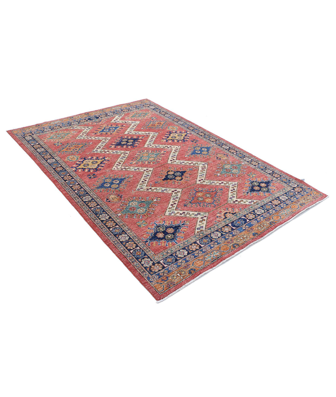 Hand Knotted Nomadic Caucasian Humna Wool Rug - 5'2'' x 7'6'' 5'2'' x 7'6'' (155 X 225) / Red / Blue