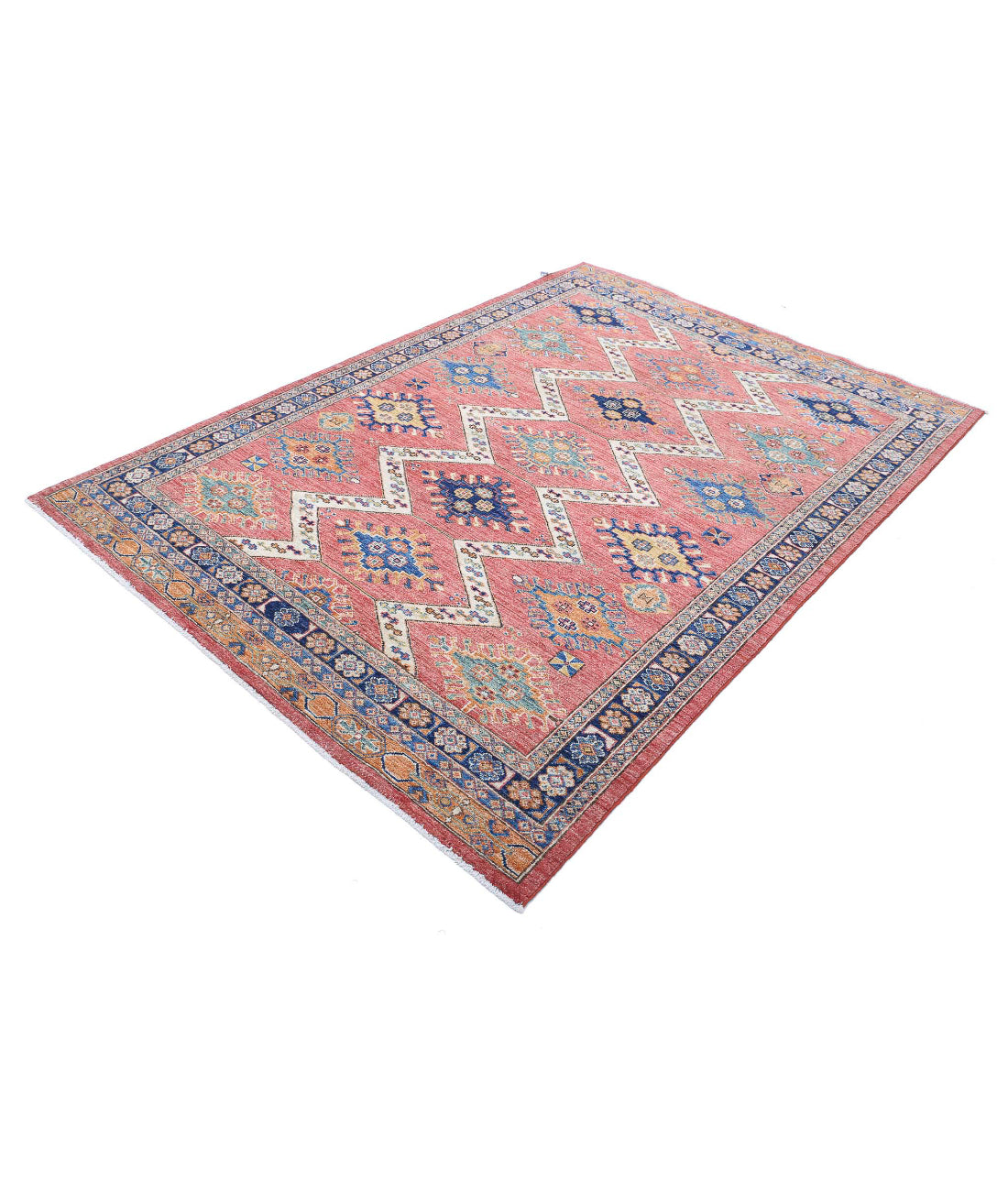 Hand Knotted Nomadic Caucasian Humna Wool Rug - 5'2'' x 7'6'' 5'2'' x 7'6'' (155 X 225) / Red / Blue