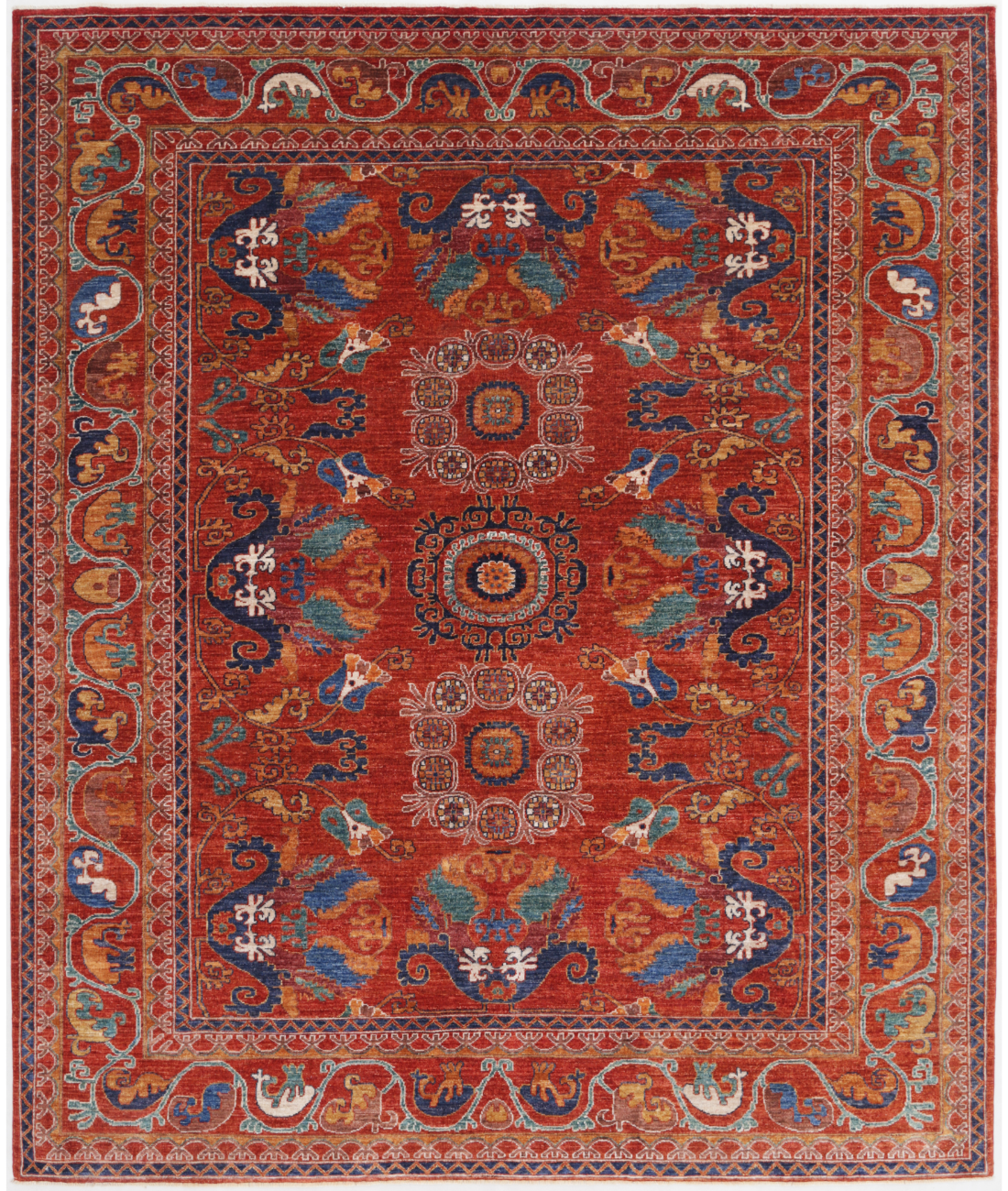 Hand Knotted Humna Wool Rug  - 8&#39; 2&quot; X 10&#39; 0&quot; 8&#39; 2&quot; X 10&#39; 0&quot; (249 X 305) / Rust / Blue