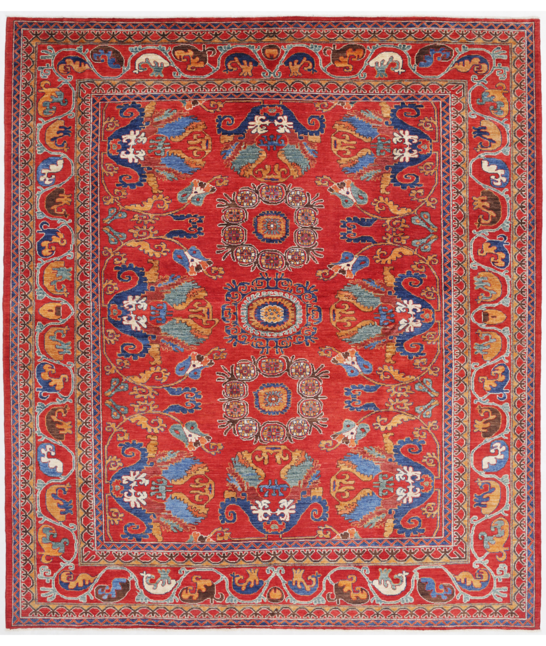 Hand Knotted Humna Wool Rug  - 8&#39; 2&quot; X 9&#39; 5&quot; 8&#39; 2&quot; X 9&#39; 5&quot; (249 X 287) / Red / Blue