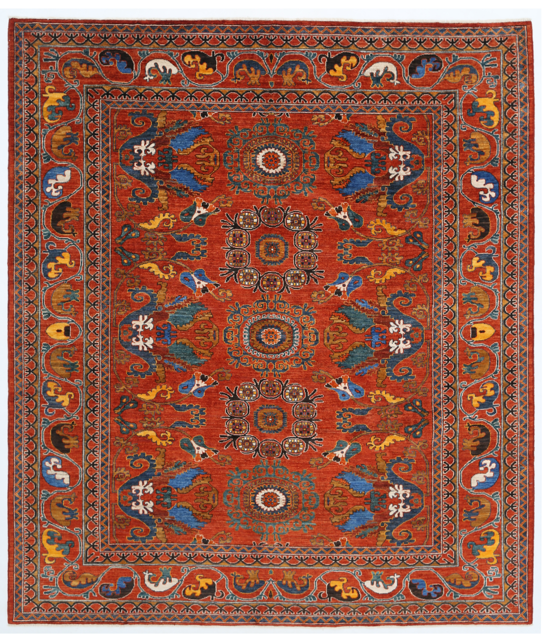 Hand Knotted Humna Wool Rug  - 8&#39; 4&quot; X 9&#39; 8&quot; 8&#39; 4&quot; X 9&#39; 8&quot; (254 X 295) / Rust / Blue