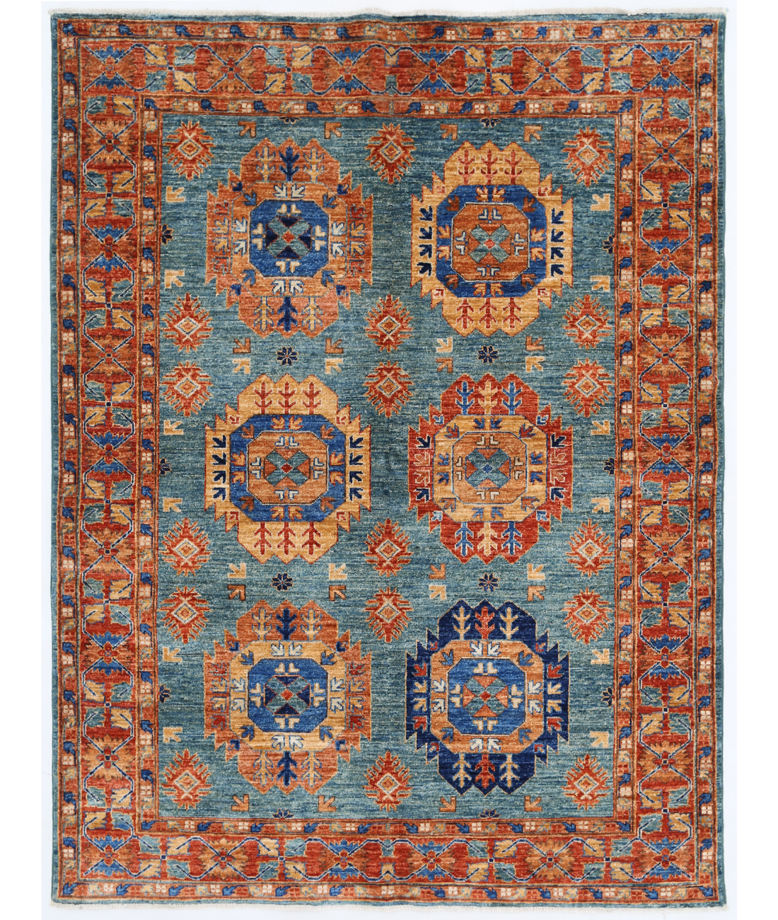 Hand Knotted Humna Wool Rug  - 4&#39; 10&quot; X 6&#39; 6&quot; 4&#39; 10&quot; X 6&#39; 6&quot; (147 X 198) / Teal / Rust