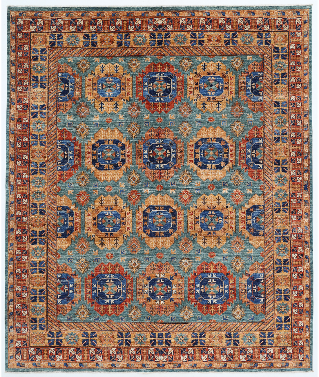 Hand Knotted Humna Wool Rug  - 8&#39; 1&quot; X 9&#39; 8&quot; 8&#39; 1&quot; X 9&#39; 8&quot; (246 X 295) / Teal / Rust