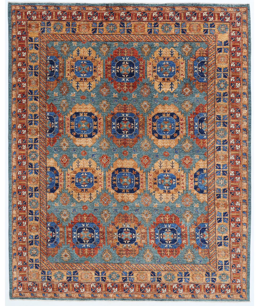 Hand Knotted Humna Wool Rug  - 7&#39; 10&quot; X 9&#39; 8&quot; 7&#39; 10&quot; X 9&#39; 8&quot; (239 X 295) / Teal / Rust