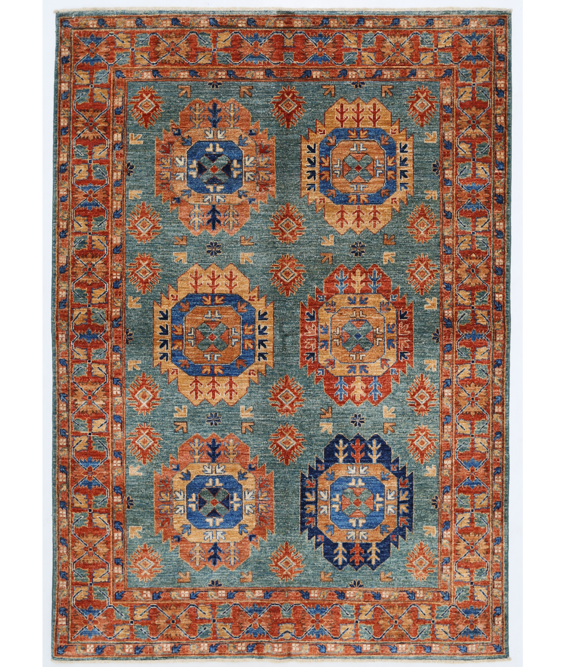 Hand Knotted Humna Wool Rug  - 4' 11" X 7' 0" 4' 11" X 7' 0" (150 X 213) / Teal / Rust