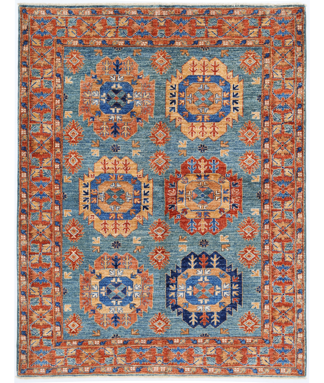 Hand Knotted Humna Wool Rug  - 4&#39; 9&quot; X 6&#39; 3&quot; 4&#39; 9&quot; X 6&#39; 3&quot; (145 X 191) / Teal / Rust