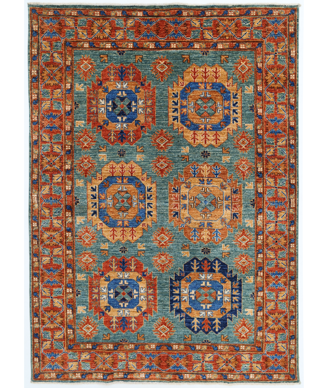 Hand Knotted Humna Wool Rug  - 4&#39; 9&quot; X 6&#39; 6&quot; 4&#39; 9&quot; X 6&#39; 6&quot; (145 X 198) / Teal / Rust