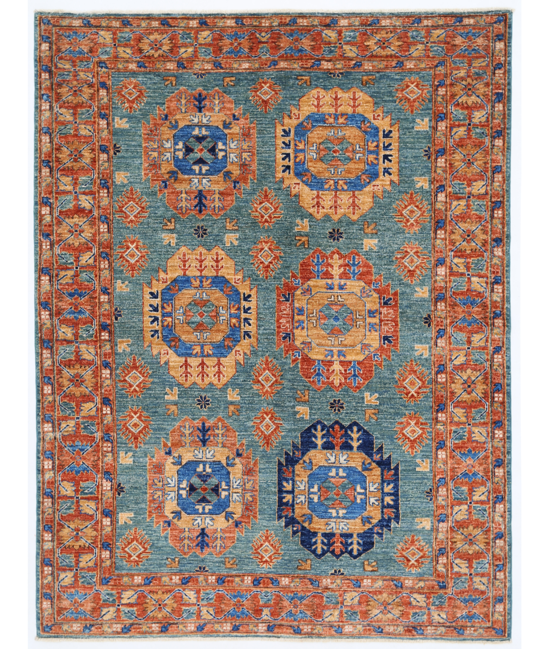 Hand Knotted Humna Wool Rug  - 5&#39; 0&quot; X 6&#39; 7&quot; 5&#39; 0&quot; X 6&#39; 7&quot; (152 X 201) / Teal / Rust