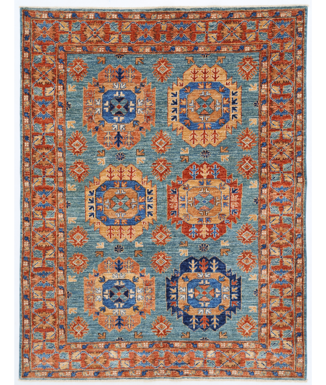 Hand Knotted Humna Wool Rug  - 4' 11" X 6' 6" 4' 11" X 6' 6" (150 X 198) / Teal / Rust