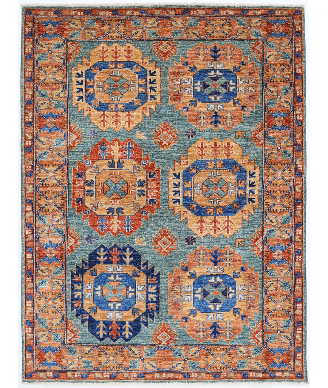 Hand Knotted Humna Wool Rug  - 4&#39; 1&quot; X 5&#39; 5&quot; 4&#39; 1&quot; X 5&#39; 5&quot; (124 X 165) / Teal / Rust