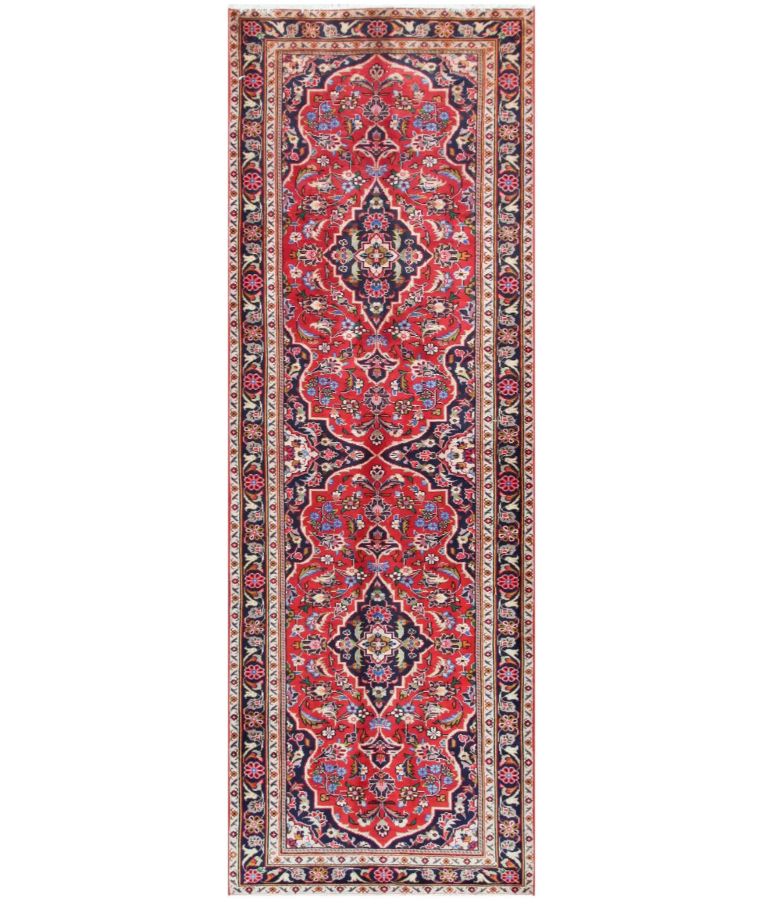 Hand Knotted Kashan Wool Rug  - 3&#39; 5&quot; X 10&#39; 0&quot; 3&#39; 5&quot; X 10&#39; 0&quot; (104 X 305) / Red / Blue