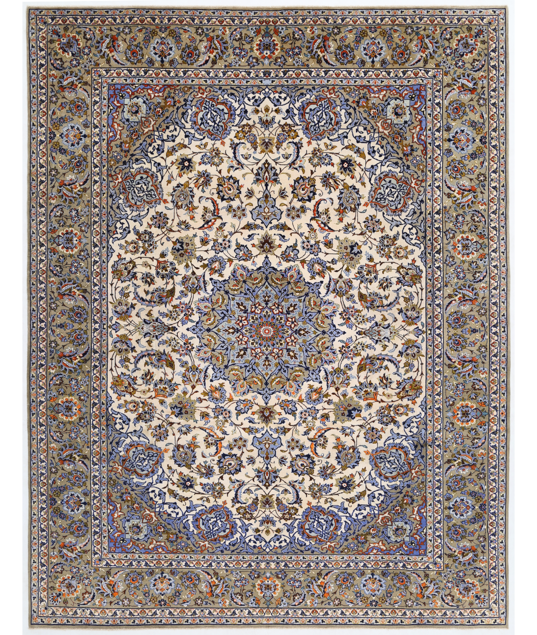 Hand Knotted Kashan Wool Rug  - 9' 11" X 12' 11" 9' 11" X 12' 11" (302 X 394) / Ivory / Grey