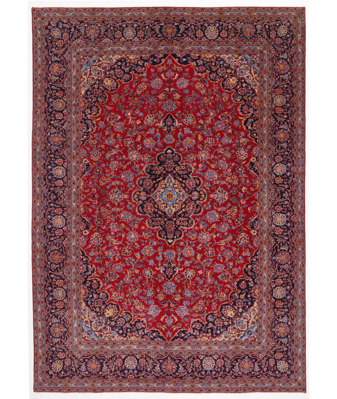 Hand Knotted Kashan Wool Rug  - 9&#39; 6&quot; X 13&#39; 5&quot; 9&#39; 6&quot; X 13&#39; 5&quot; (290 X 409) / Red / Blue