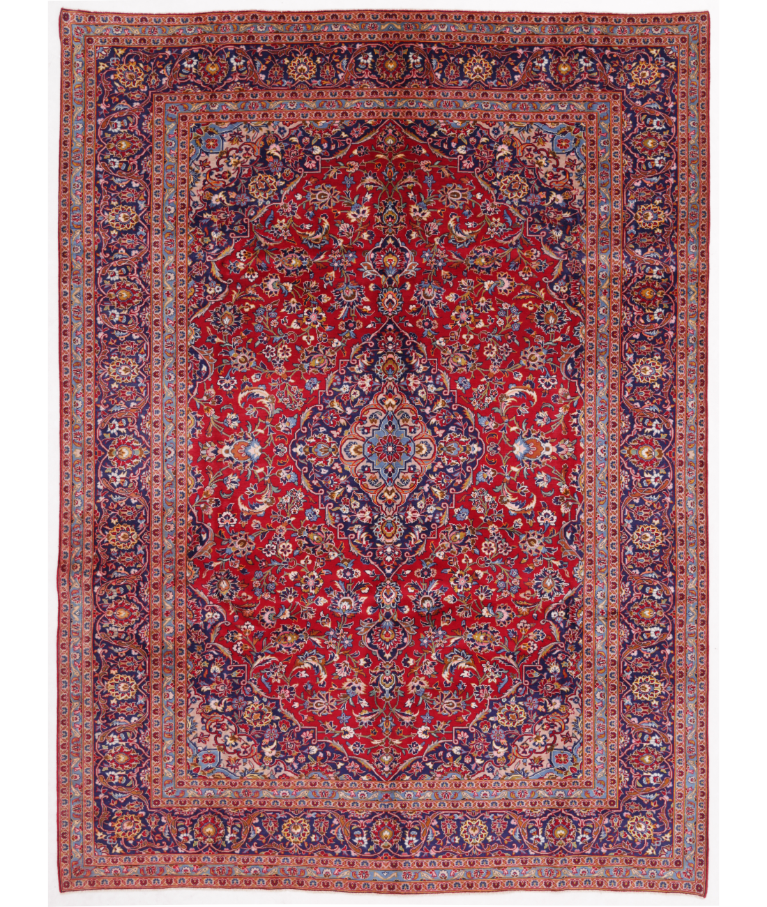 Hand Knotted Kashan Wool Rug  - 9&#39; 5&quot; X 12&#39; 10&quot; 9&#39; 5&quot; X 12&#39; 10&quot; (287 X 391) / Red / Blue