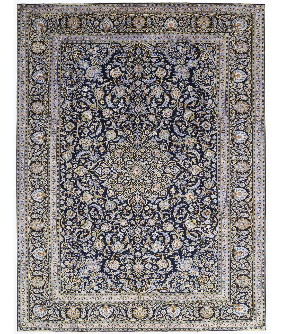 Hand Knotted Kashan Wool Rug  - 9&#39; 11&quot; X 13&#39; 4&quot; 9&#39; 11&quot; X 13&#39; 4&quot; (302 X 406) / Blue / Ivory