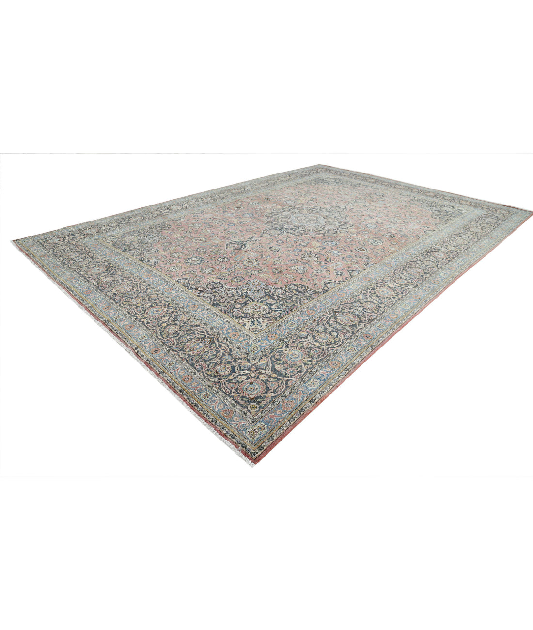 Hand Knotted Vintage Persian Kashan Wool Rug - 11'10'' x 17'3'' 11'10'' x 17'3'' (355 X 518) / Red / Blue