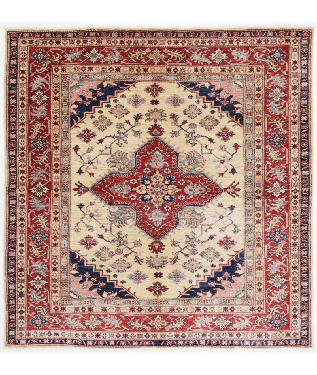 Hand Knotted Kazak Wool Rug  - 6' 1" X 6' 4" 6' 1" X 6' 4" (185 X 193) / Ivory / Red