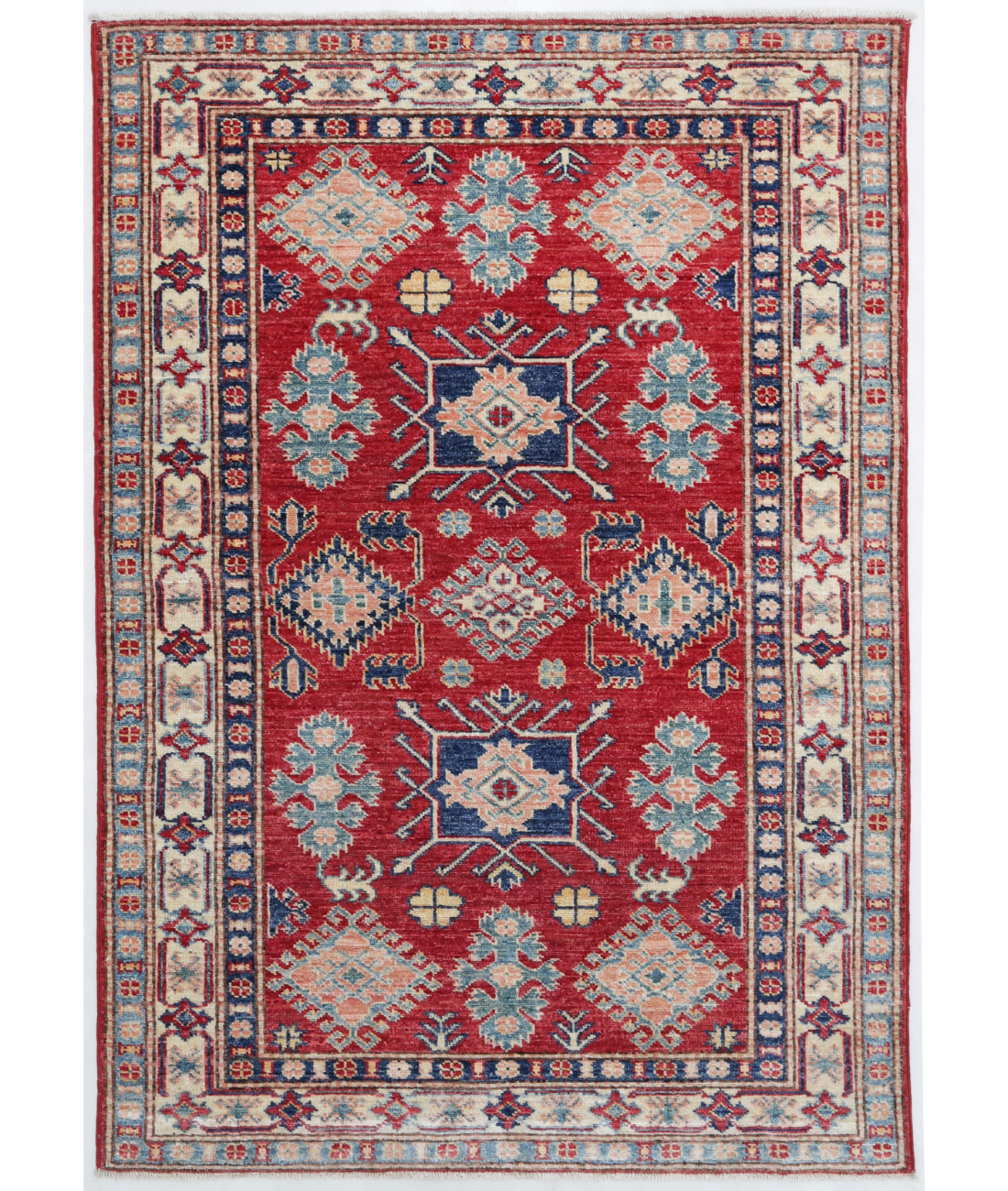 Hand Knotted Kazak Wool Rug  - 3&#39; 5&quot; X 4&#39; 8&quot; 3&#39; 5&quot; X 4&#39; 8&quot; (104 X 142) / Red / Ivory