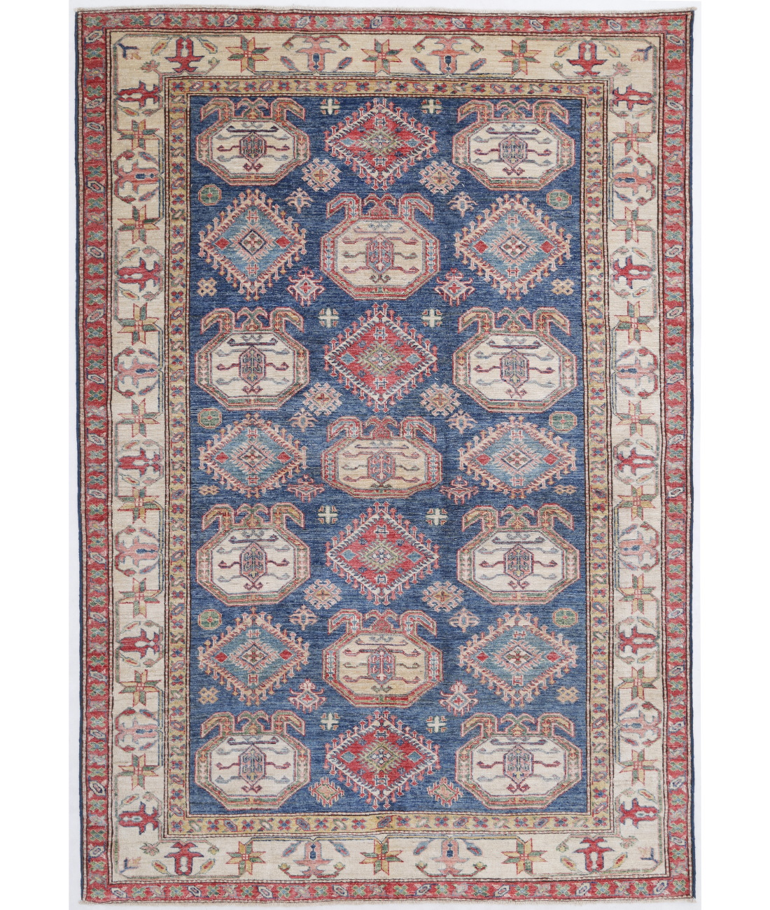 Hand Knotted Kazak Wool Rug  - 5' 6" X 8' 1" 5' 6" X 8' 1" (168 X 246) / Blue / Ivory