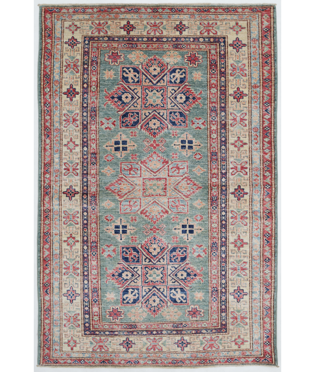 Hand Knotted Kazak Wool Rug  - 3&#39; 9&quot; X 5&#39; 8&quot; 3&#39; 9&quot; X 5&#39; 8&quot; (114 X 173) / Green / Ivory