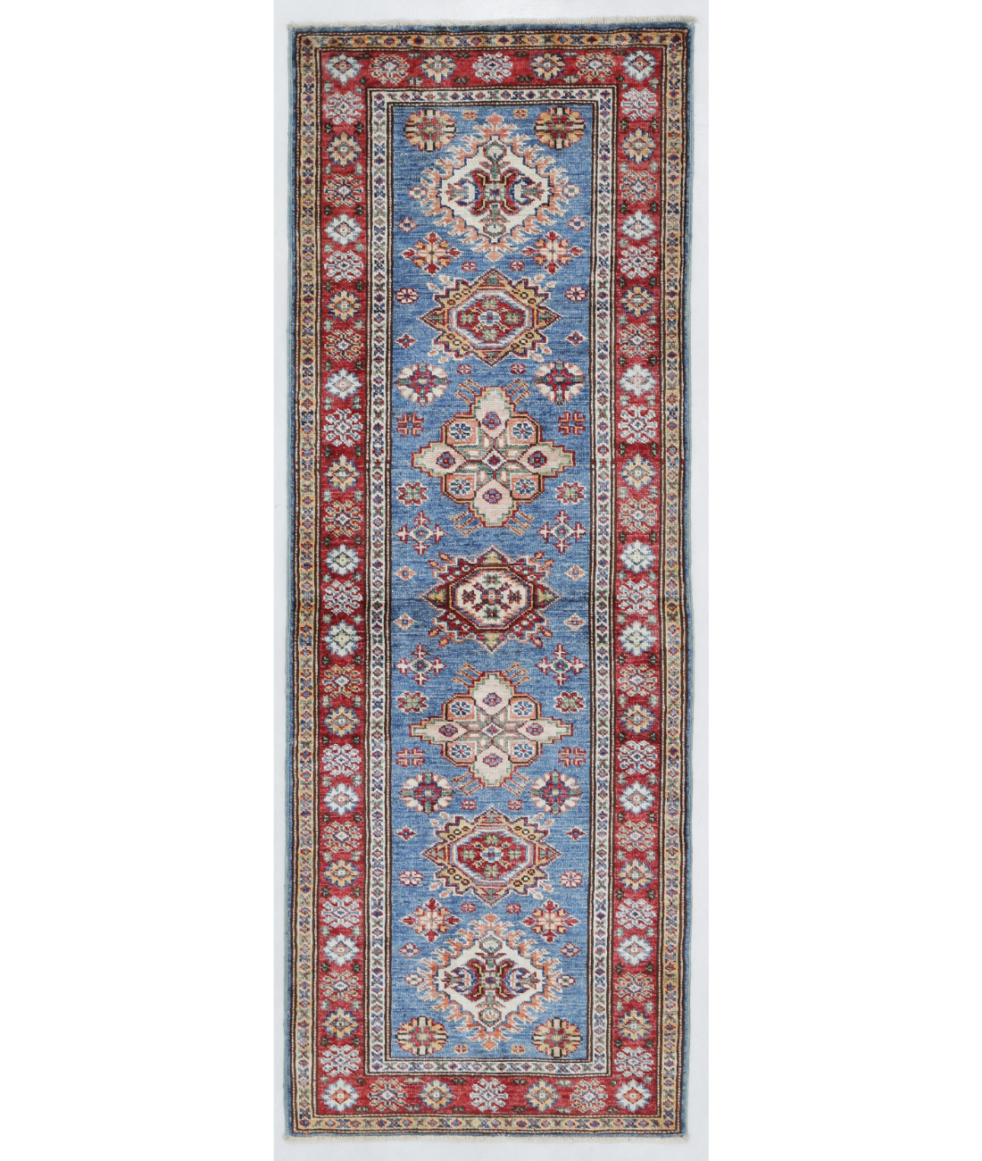 Hand Knotted Kazak Wool Rug  - 2' 1" X 5' 8" 2' 1" X 5' 8" (64 X 173) / Blue / Red