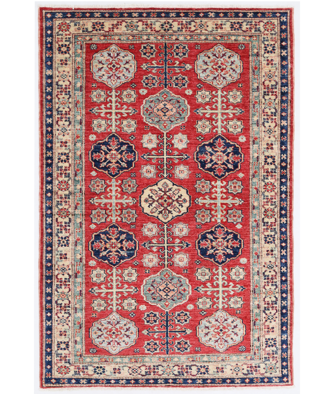 Hand Knotted Kazak Wool Rug  - 4&#39; 0&quot; X 5&#39; 8&quot; 4&#39; 0&quot; X 5&#39; 8&quot; (122 X 173) / Red / Ivory