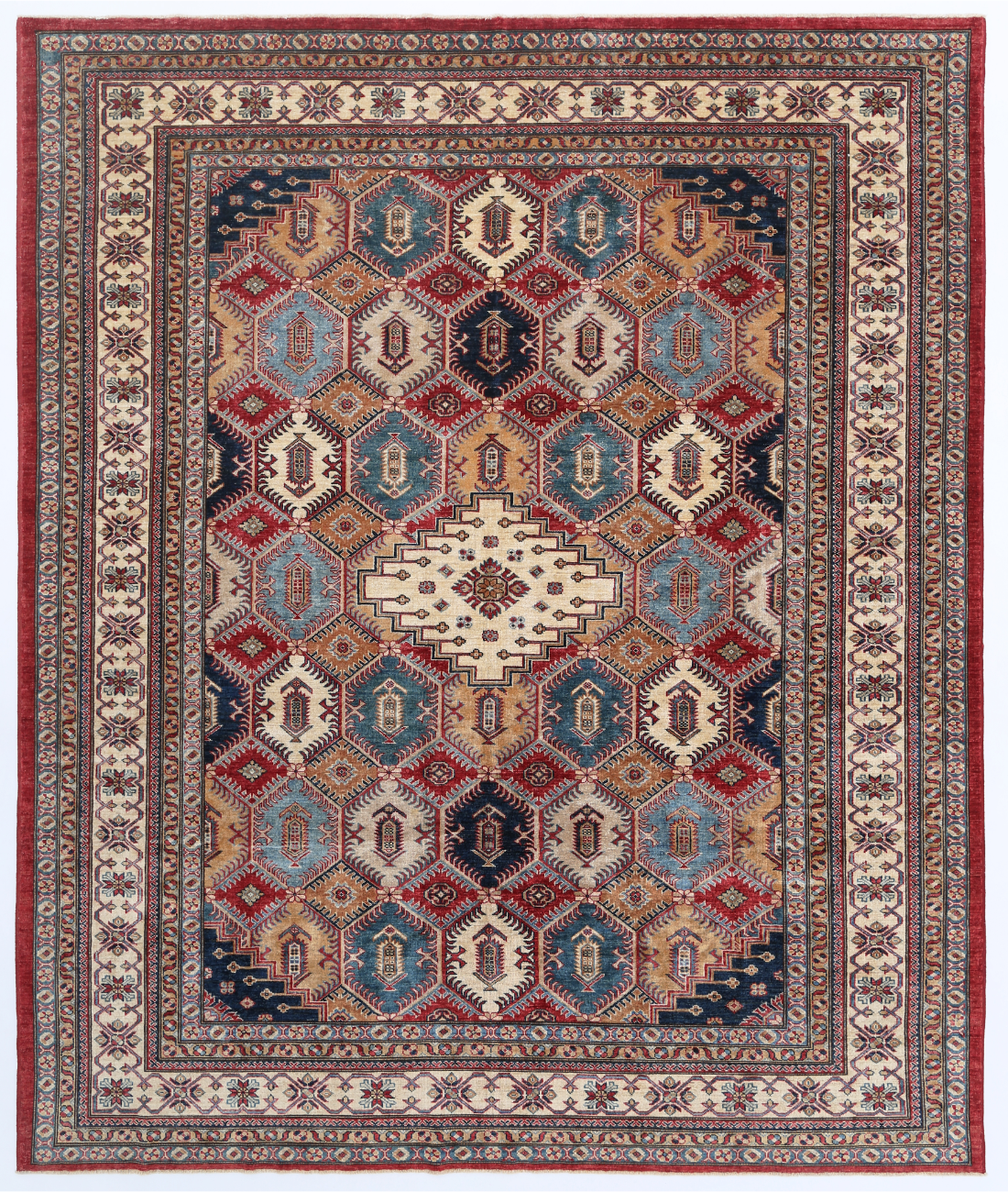 Hand Knotted Kazak Wool Rug  - 8&#39; 1&quot; X 9&#39; 7&quot; 8&#39; 1&quot; X 9&#39; 7&quot; (246 X 292) / Red / Ivory